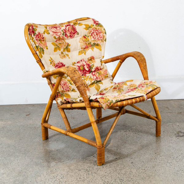 Mid Century Modern Lounge Chair Flroal Bamboo Boho Danish Basket Wrapped Weave