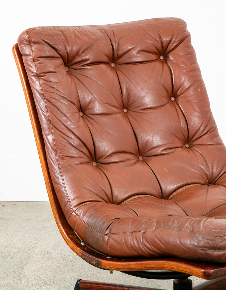 Mid Century Danish Modern Lounge Chair Swivel Brown Leather Tufted G Mobel Mcm - Image 8