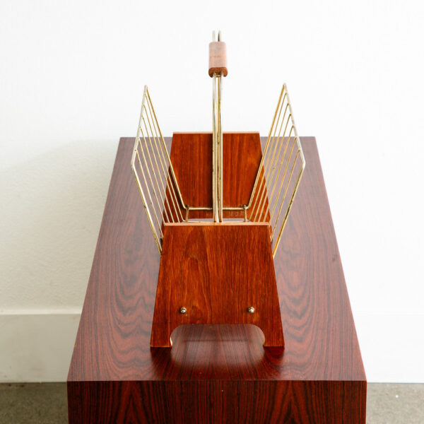 Mid Century Modern Magazine Rack Teak Vintage Danish Handle Denmark Brass Gold - Image 3