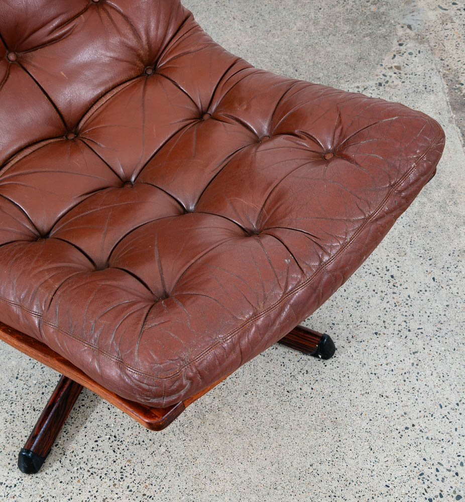 Mid Century Danish Modern Lounge Chair Swivel Brown Leather Tufted G Mobel Mcm - Image 10