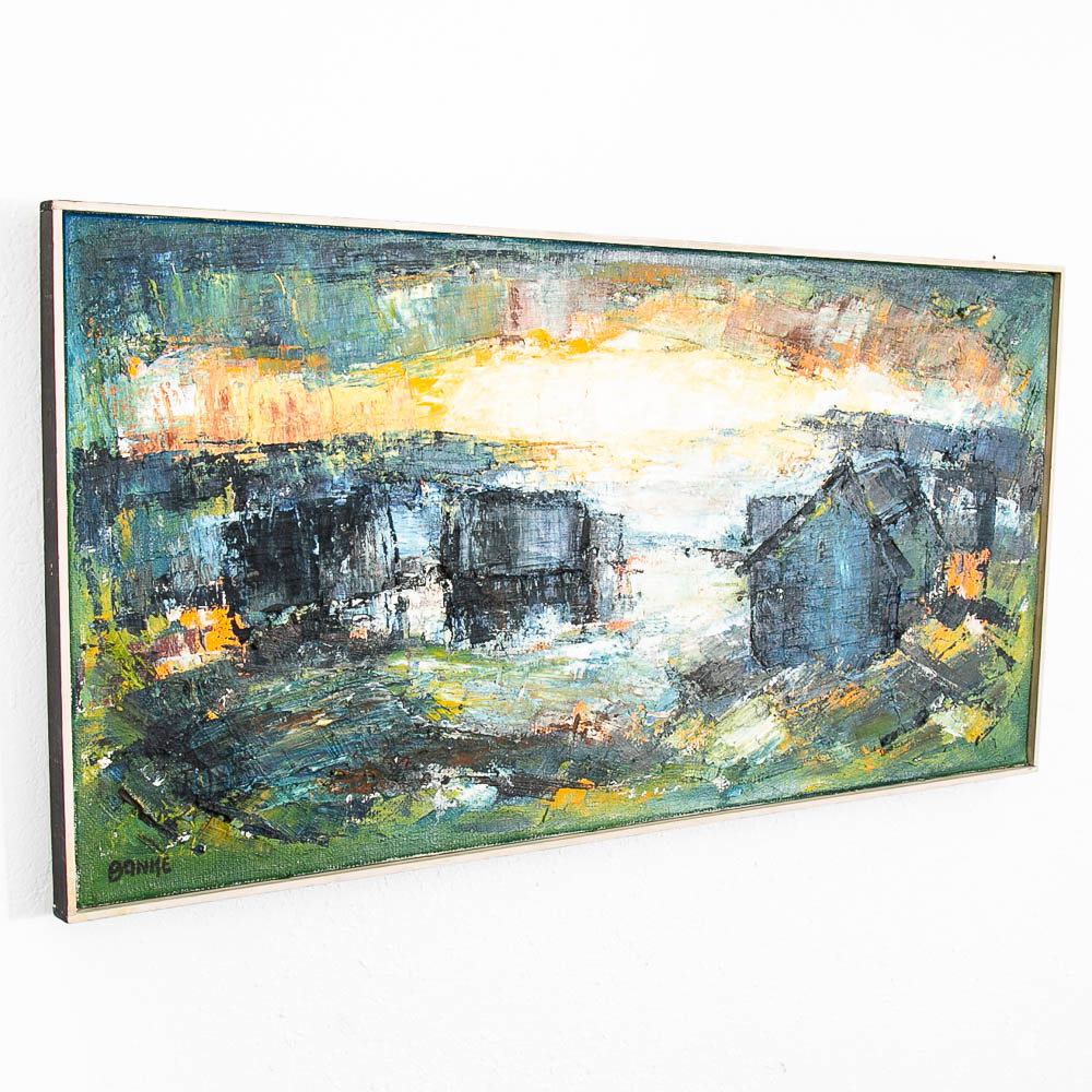 Mid Century Modern Landscape Painting Art Abstract Blues Black White Yellow Mcm - Image 2