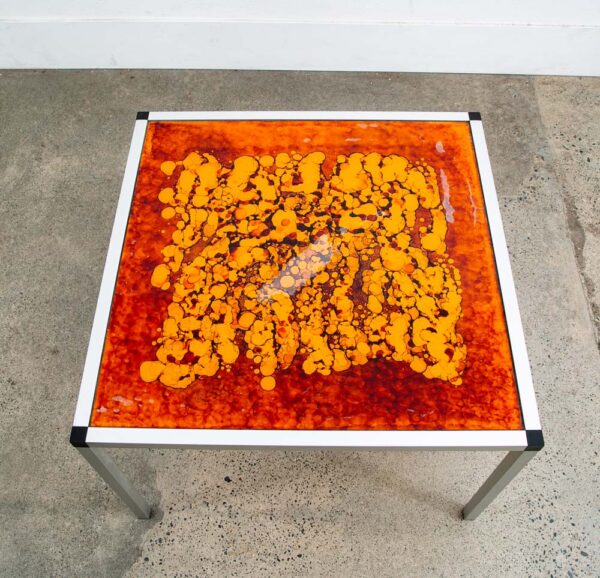 Mid Century Modern Side Table End Orange Yellow Square Mcm Metal Acid Etched 70s - Image 4