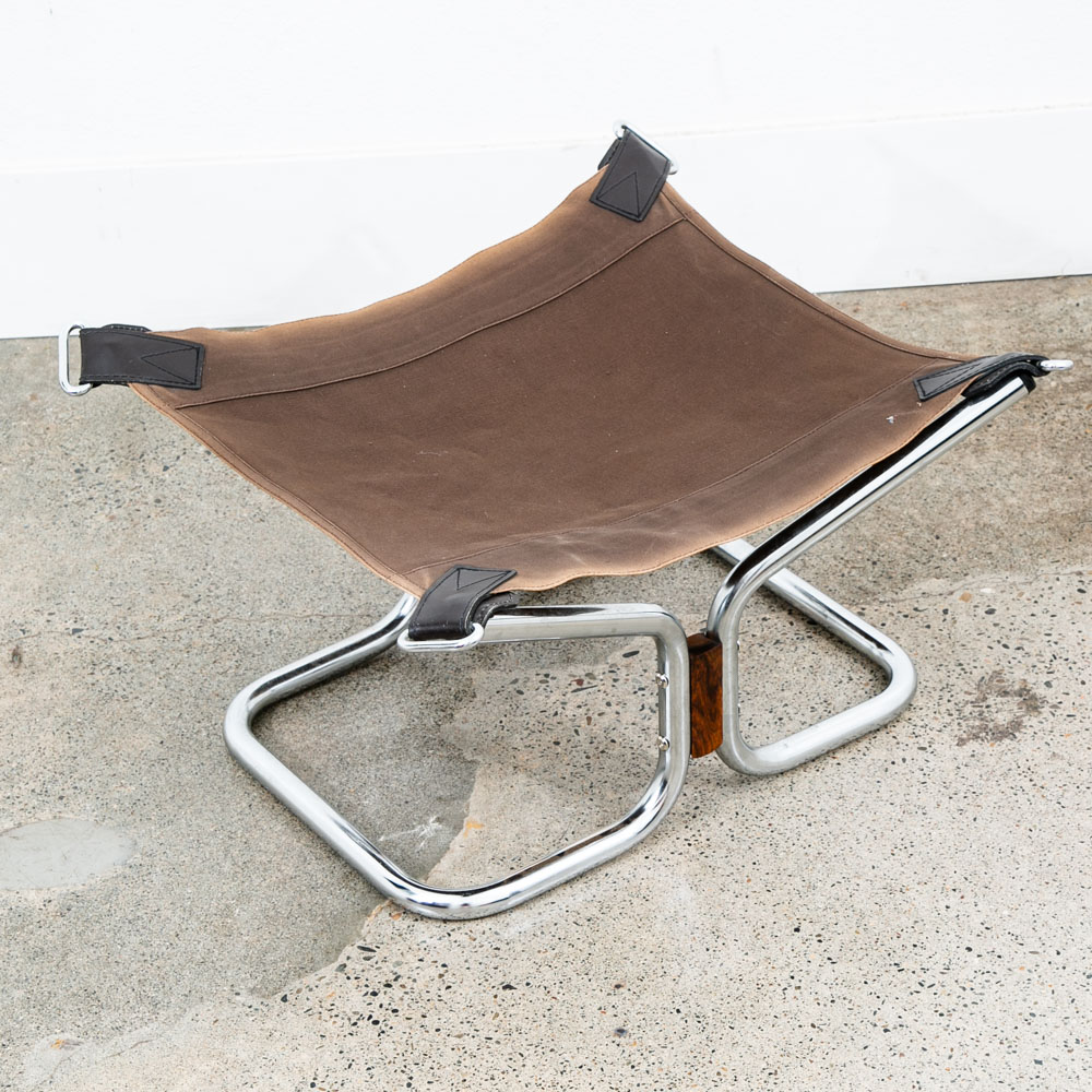 Mid Century Modern Ottoman Foot Stool Brown Leather Relling Rosewood Chrome Mcm - Image 8