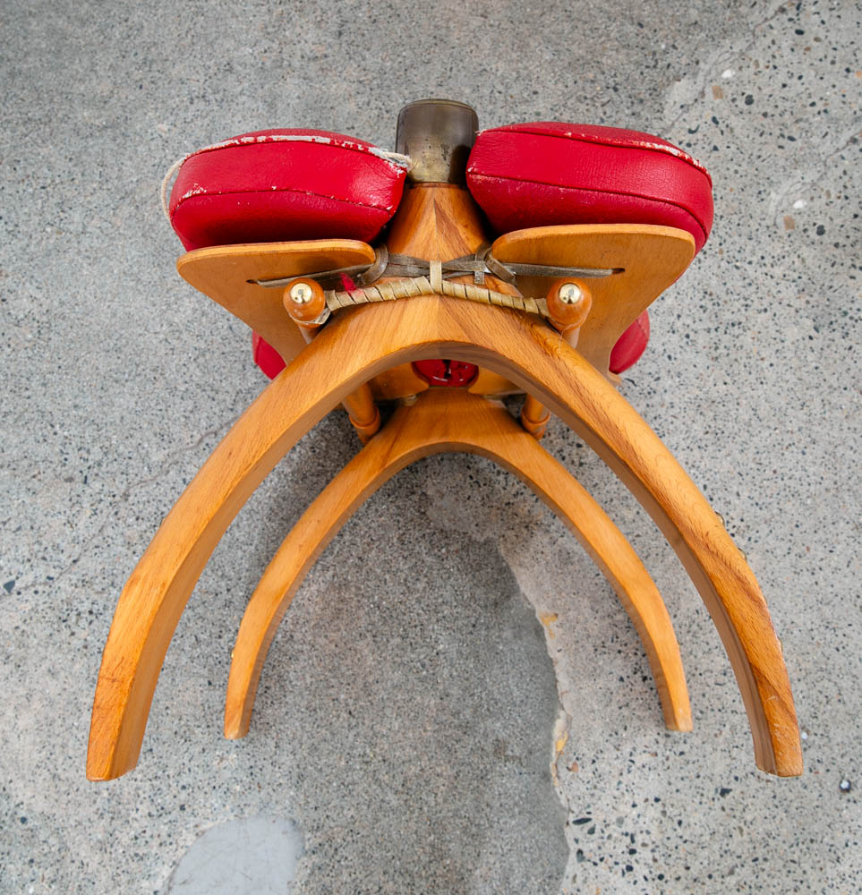 Mid Century Danish Modern Stool Seat Saddle Chair Ottoman Red Leather Vintage - Image 4