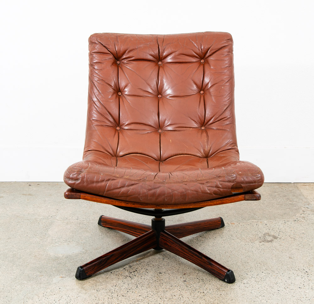 Mid Century Danish Modern Lounge Chair Swivel Brown Leather Tufted G Mobel Mcm - Image 2