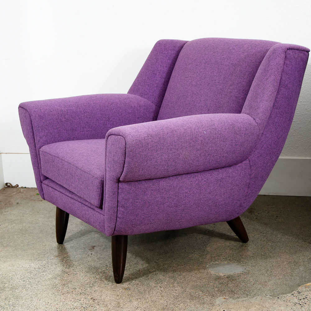 Mid Century Modern Lounge Chairs Purple Armchairs Tweed Pair 2 Vintage Denmark - Image 6