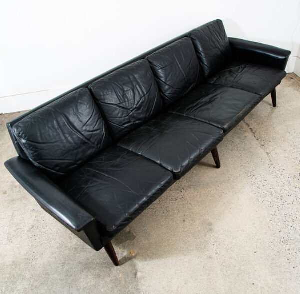 Mid Century Danish Modern Leather Sofa Couch 4 Seater Black Vintage Denmark Mcm