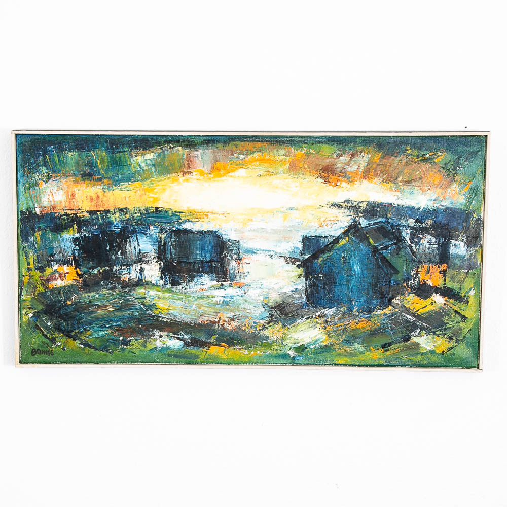 Mid Century Modern Landscape Painting Art Abstract Blues Black White Yellow Mcm