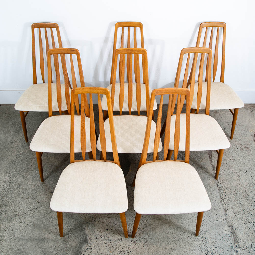 Mid Century Danish Modern Dining Chairs Set 8 Kofoed Eva Armchairs Oak Tan Beige Reupholstered