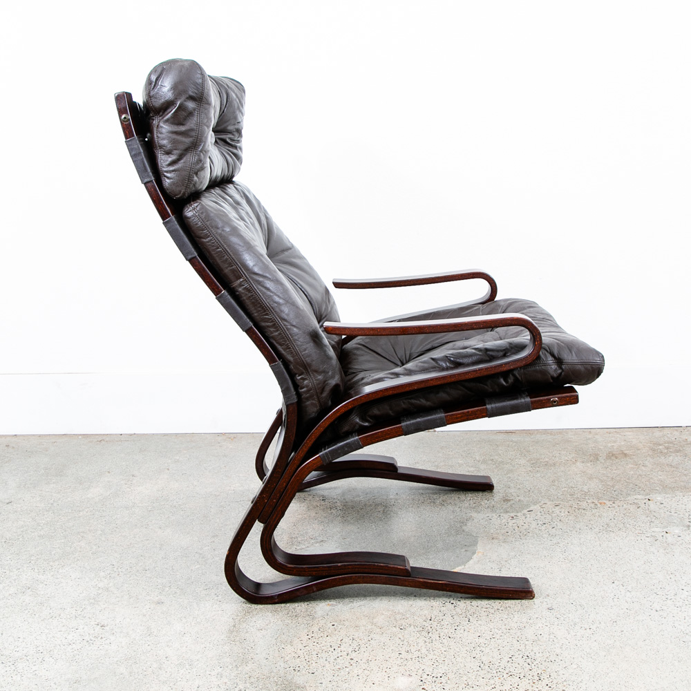 Mid Century Danish Modern Lounge Chair Brown Leather Bentwood Vintage Highback - Image 2