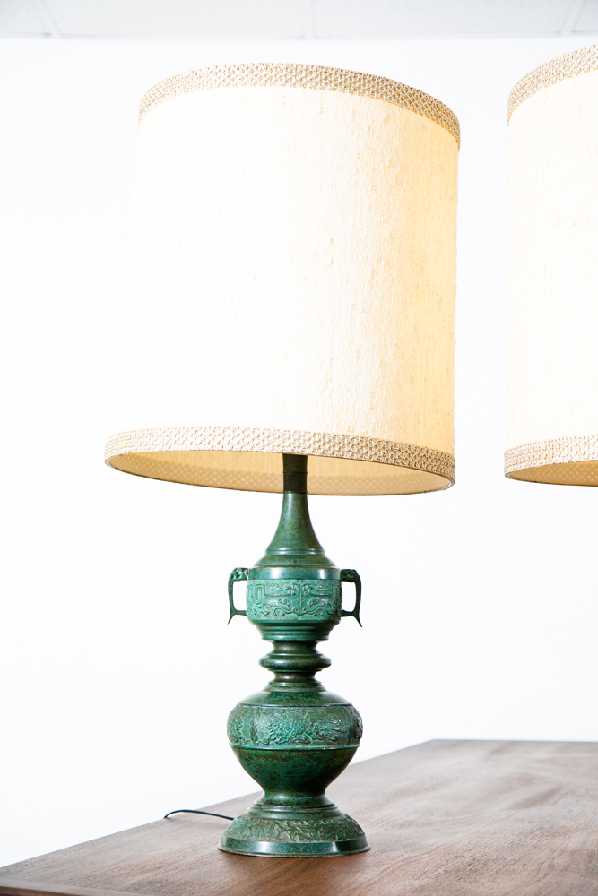 Mid Century Modern Table Lamp Set Pair Light Cast Brass Asian Green Two Light - Image 6