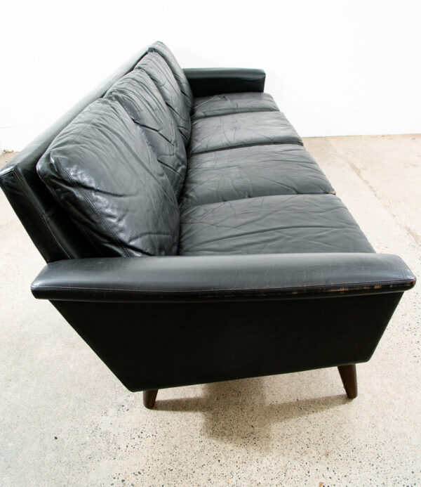 Mid Century Danish Modern Leather Sofa Couch 4 Seater Black Vintage Denmark Mcm - Image 4