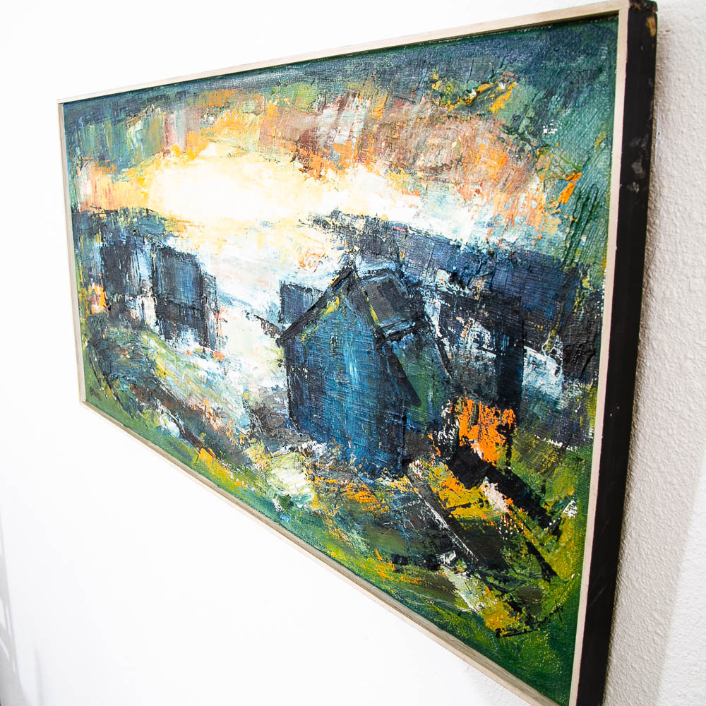 Mid Century Modern Landscape Painting Art Abstract Blues Black White Yellow Mcm - Image 10