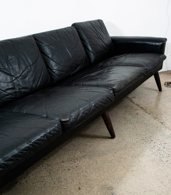 Mid Century Danish Modern Leather Sofa Couch 4 Seater Black Vintage Denmark Mcm - Image 9