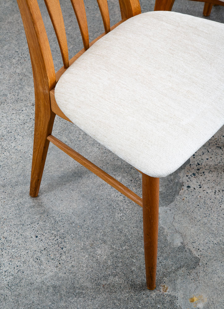 Mid Century Danish Modern Dining Chairs Set 8 Kofoed Eva Armchairs Oak Tan Beige Reupholstered - Image 12