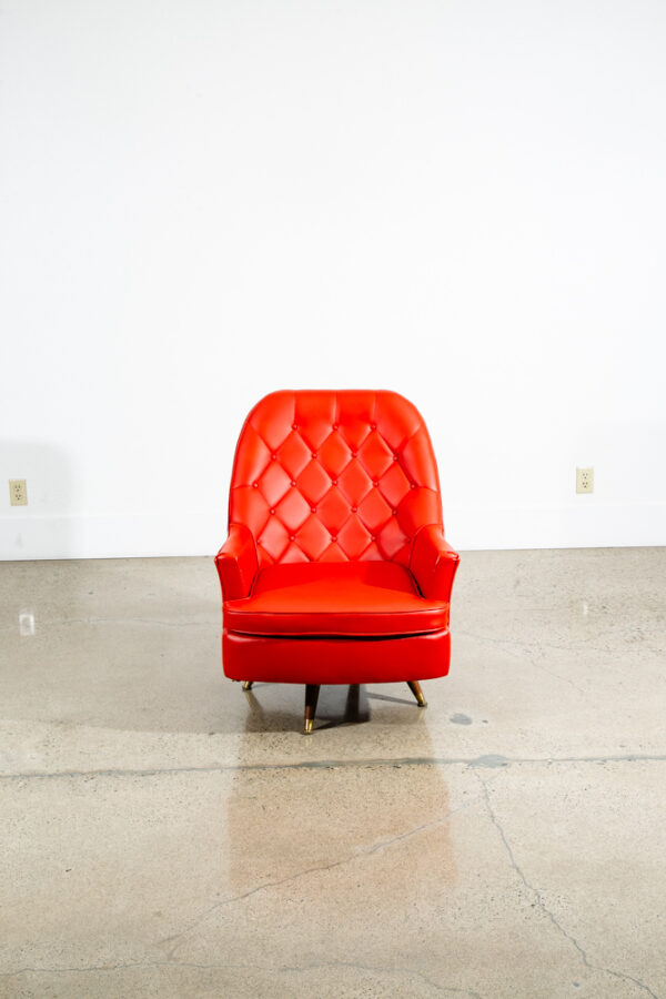 Mid Century Danish Modern Lounge Chair Tufted Orange Swivel Wood Base Vintage - Image 10