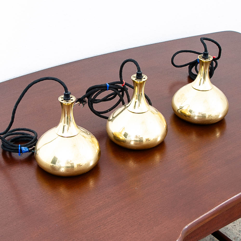 Mid Century Danish Modern Brass Hanging Pendant Lamps Hans Agne Jakobsson Set of 3