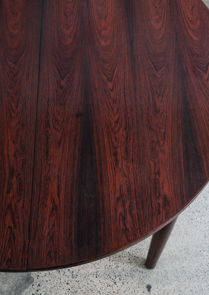 Mid Century Danish Modern Dining Table Round Oval Rosewood Extension Leaf x2 Denmark Refinished - Image 11