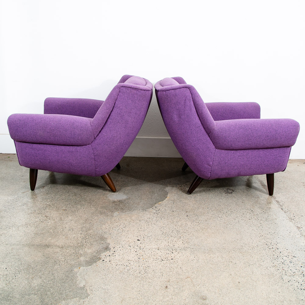 Mid Century Modern Lounge Chairs Purple Armchairs Tweed Pair 2 Vintage Denmark - Image 2