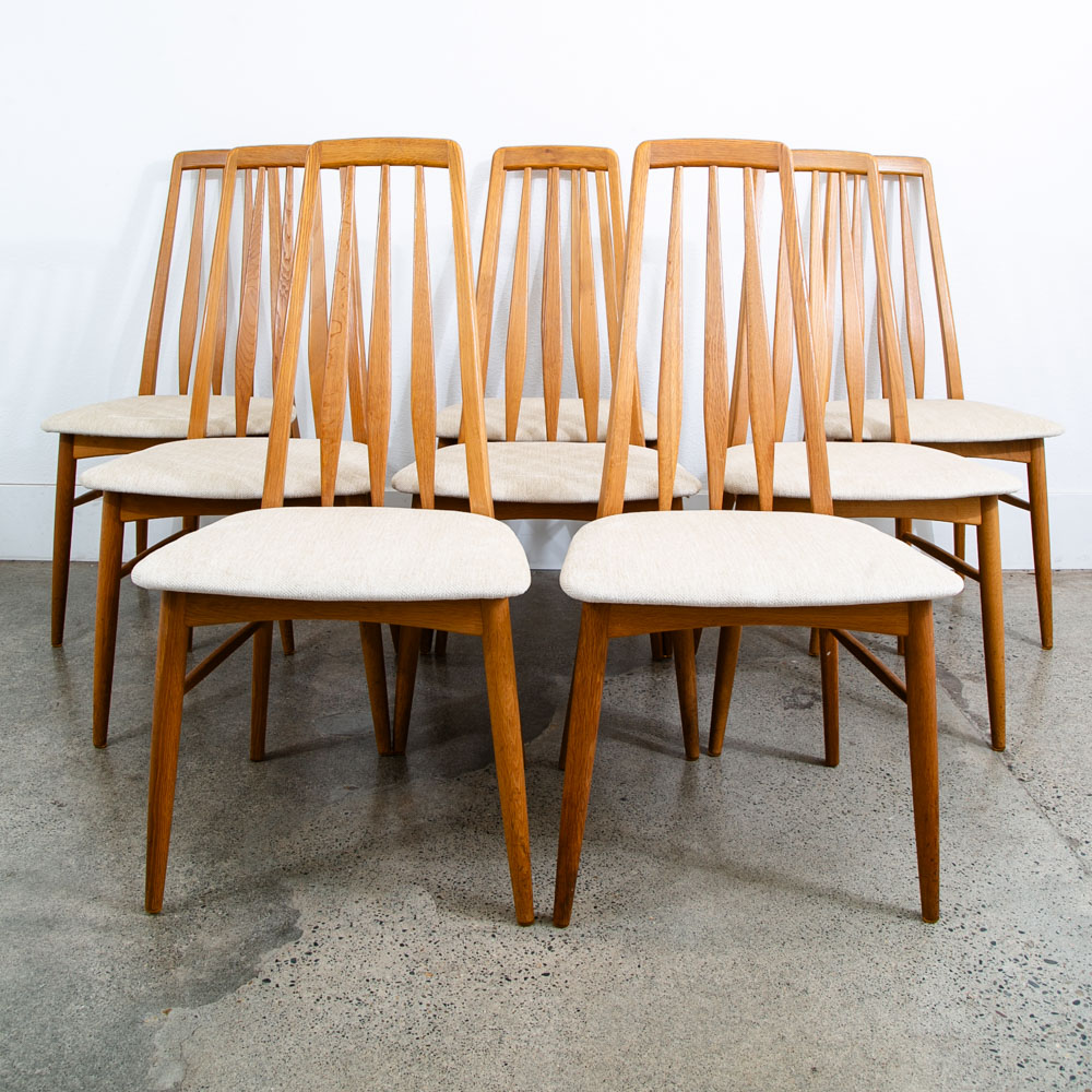 Mid Century Danish Modern Dining Chairs Set 8 Kofoed Eva Armchairs Oak Tan Beige Reupholstered - Image 2