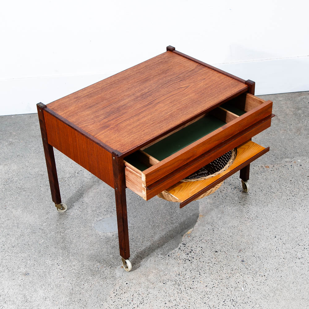 Mid Century Danish Modern Sewing Table Cabinet Rolling Cart Denmark Teak Basket - Image 5