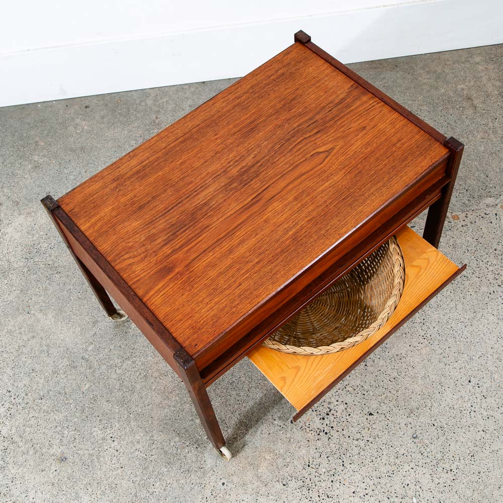 Mid Century Danish Modern Sewing Table Cabinet Rolling Cart Denmark Teak Basket - Image 11