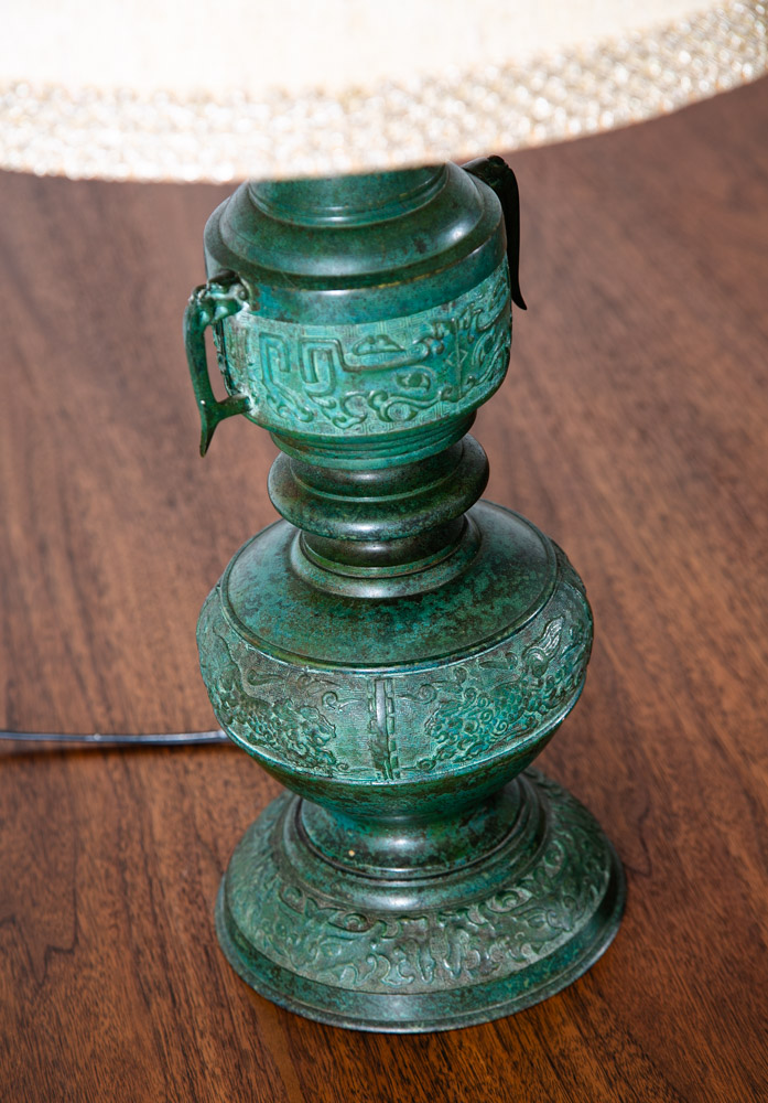 Mid Century Modern Table Lamp Set Pair Light Cast Brass Asian Green Two Light - Image 7