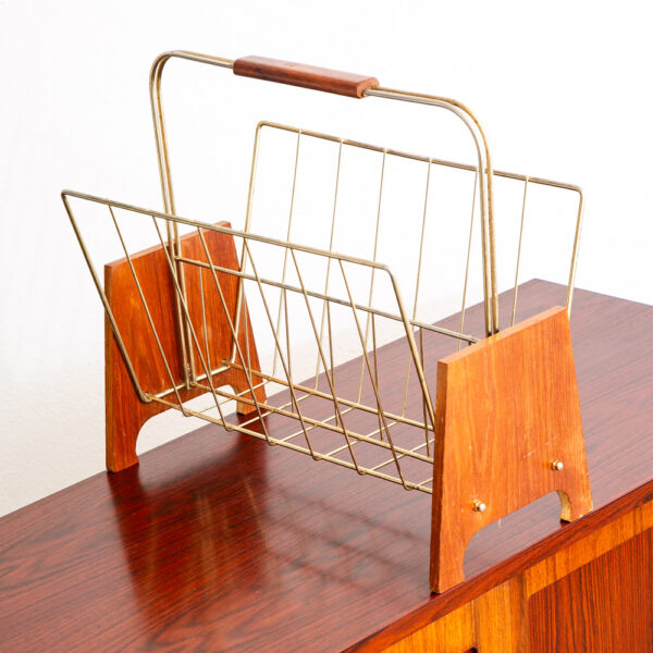 Mid Century Modern Magazine Rack Teak Vintage Danish Handle Denmark Brass Gold - Image 4