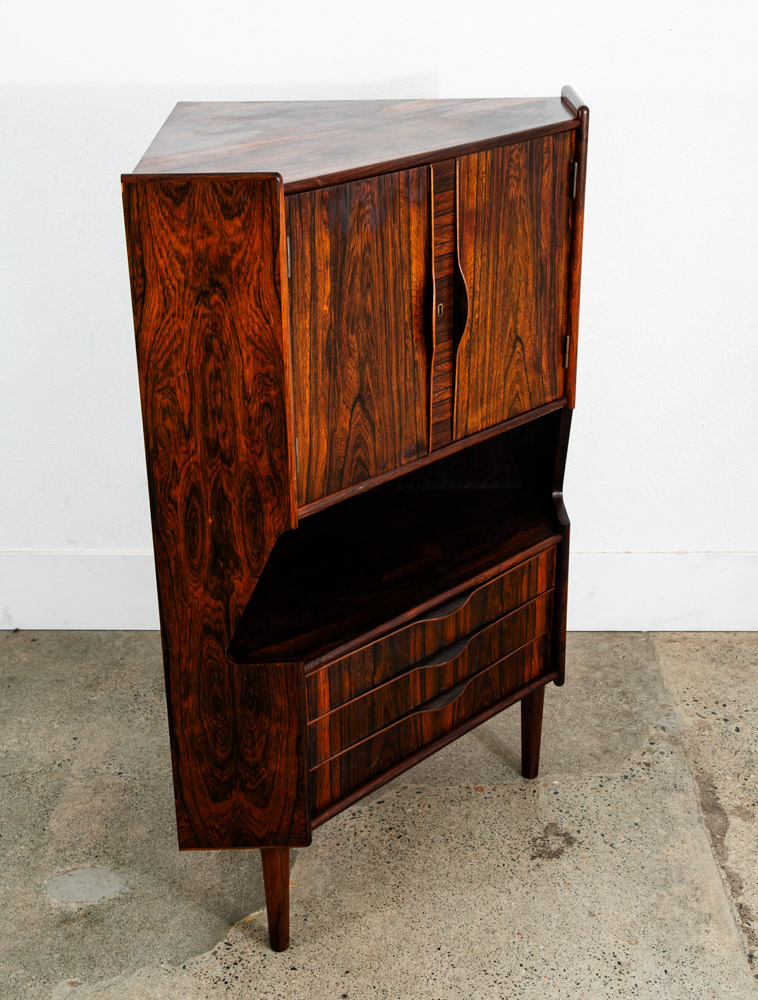 Mid Century Danish Modern Corner Cabinet Rosewood Bar Denmark Drawers Locking VG - Image 2