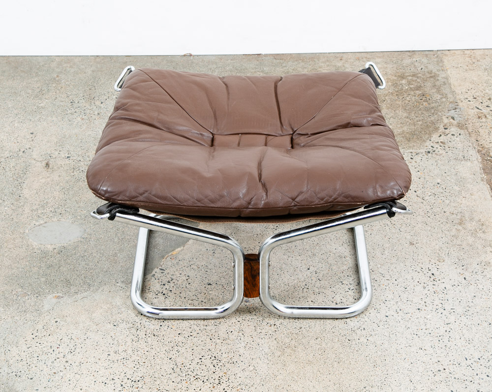 Mid Century Modern Ottoman Foot Stool Brown Leather Relling Rosewood Chrome Mcm - Image 9