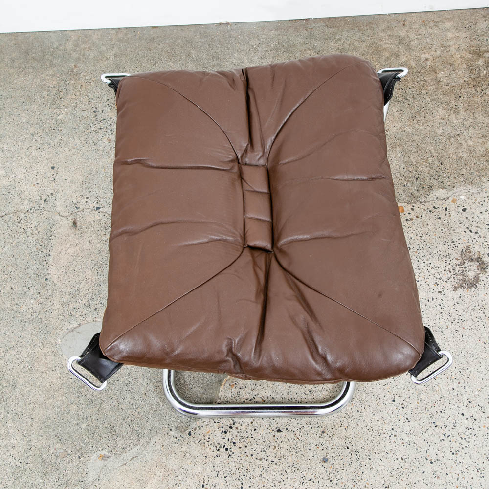 Mid Century Modern Ottoman Foot Stool Brown Leather Relling Rosewood Chrome Mcm - Image 11