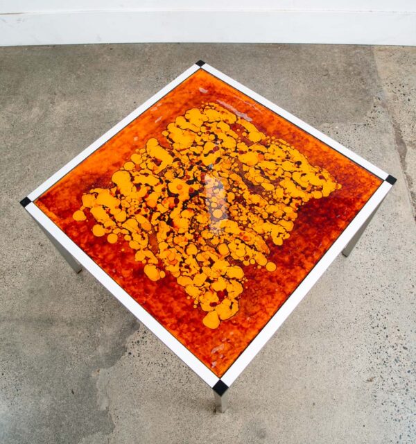 Mid Century Modern Side Table End Orange Yellow Square Mcm Metal Acid Etched 70s - Image 2