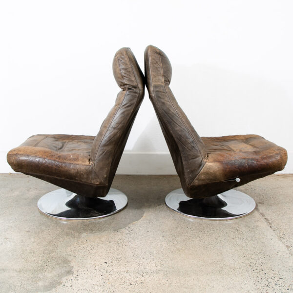Mid Century Modern Lounge Chairs Swivel Brown Leather Chrome Italian Set Danish - Image 4