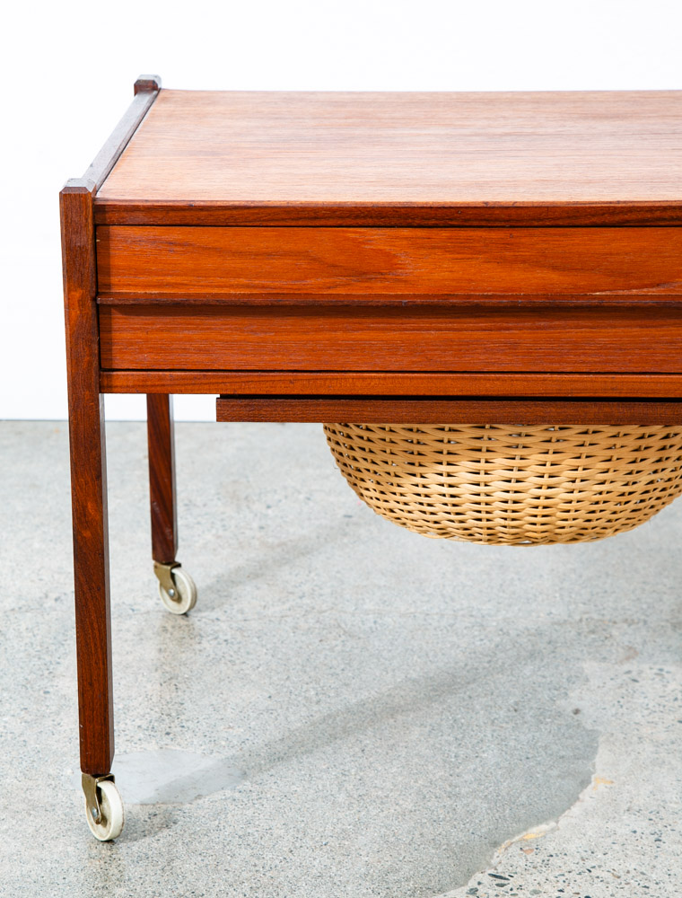 Mid Century Danish Modern Sewing Table Cabinet Rolling Cart Denmark Teak Basket - Image 6