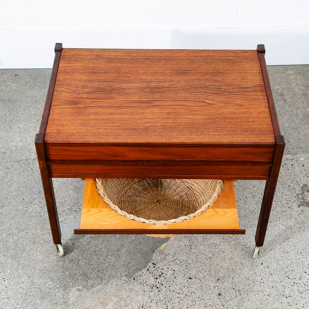 Mid Century Danish Modern Sewing Table Cabinet Rolling Cart Denmark Teak Basket - Image 7