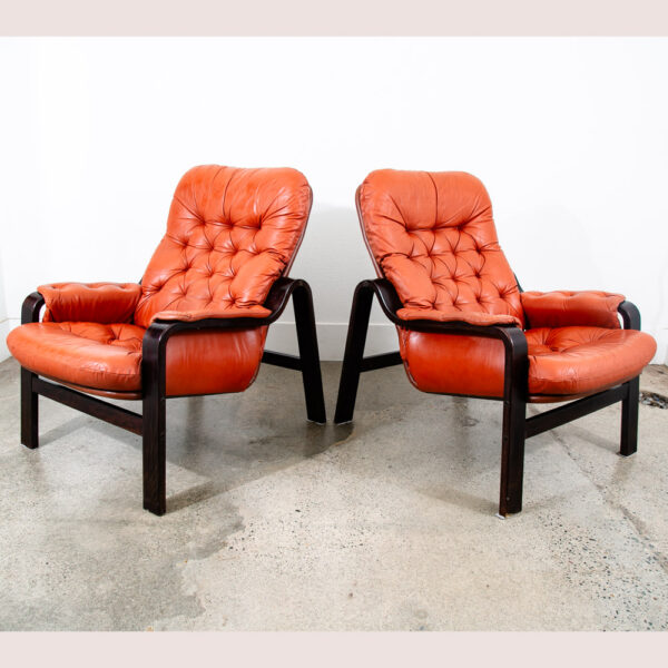 Mid Century Modern Lounge Chairs Leather Orange Cognac Tufted Pair Set Arm Two