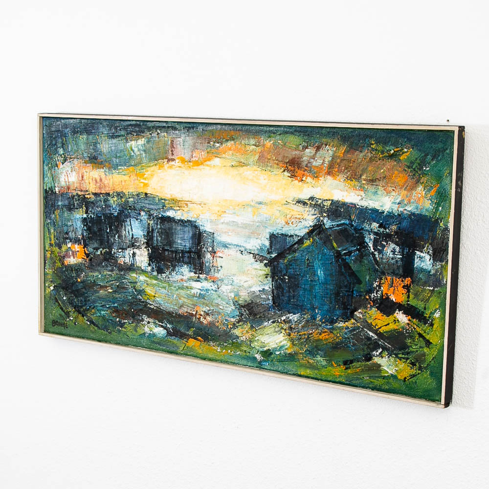 Mid Century Modern Landscape Painting Art Abstract Blues Black White Yellow Mcm - Image 6