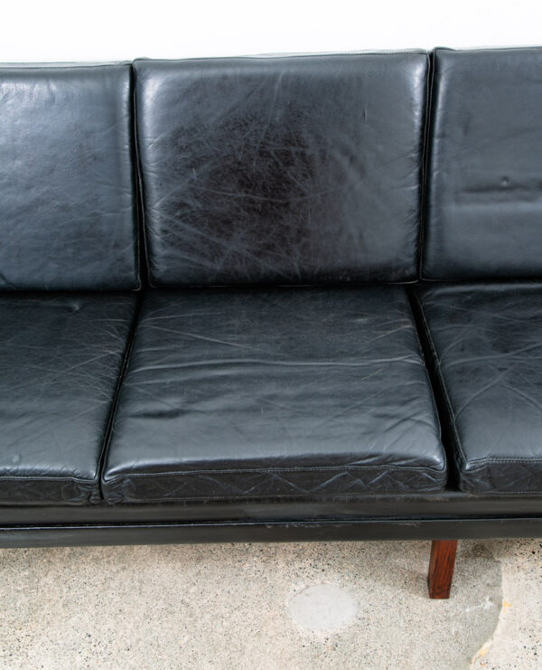 Mid Century Danish Modern Leather Sofa Couch 4 Seat Black Vintage Rosewood Legs - Image 6
