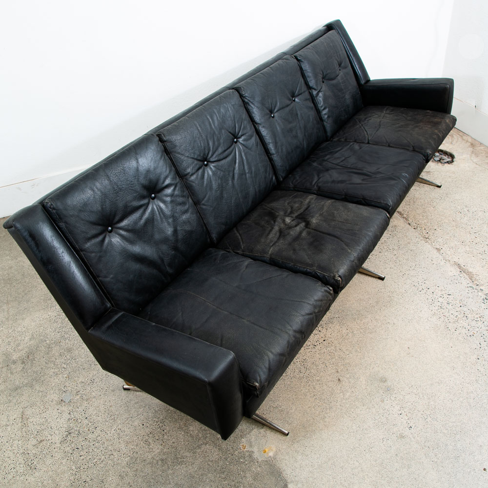 Mid Century Danish Modern Leather Sofa Couch 4 Seater Black Metal Frame 87" Mcm - Image 2