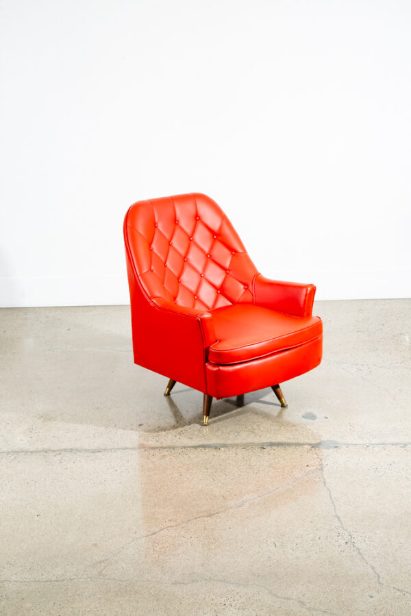 Mid Century Danish Modern Lounge Chair Tufted Orange Swivel Wood Base Vintage - Image 9