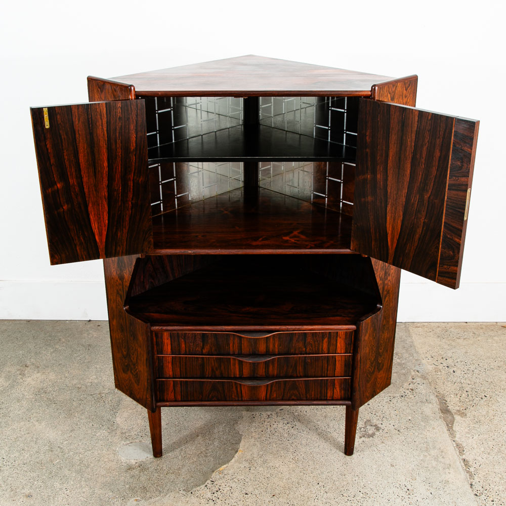 Mid Century Danish Modern Corner Cabinet Rosewood Bar Denmark Drawers Locking VG - Image 3