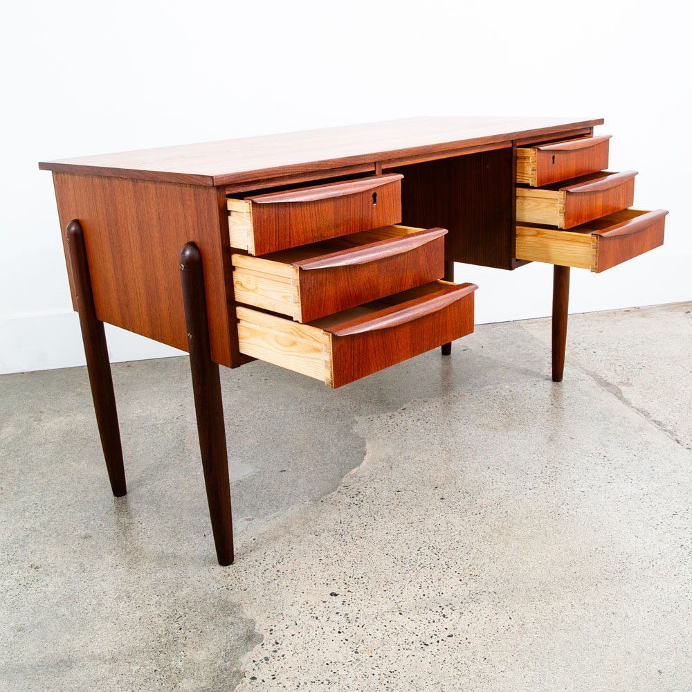 Mid Century Danish Modern Desk Executive Teak 6 Drawer Bookshelf Floating Shelf - Image 7