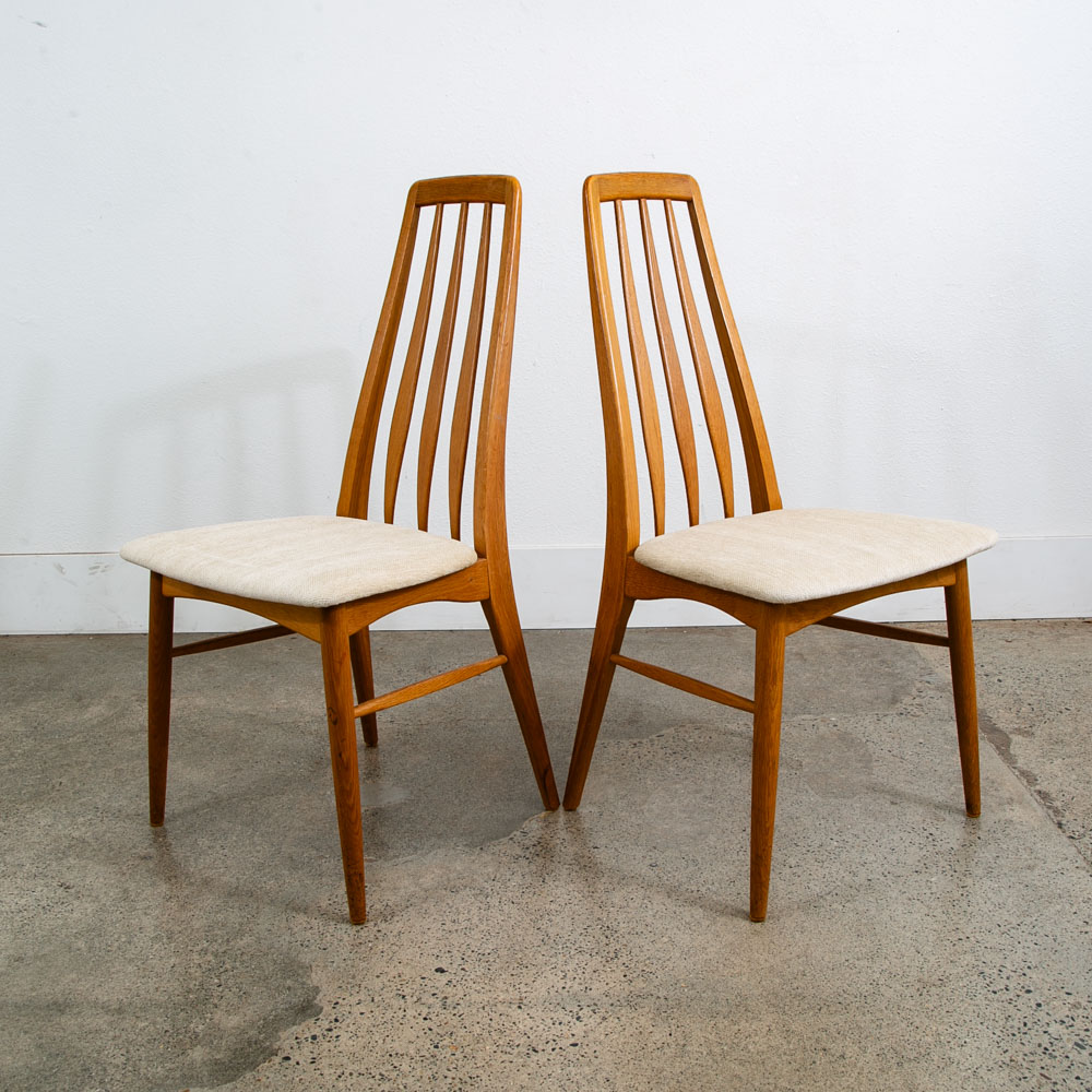 Mid Century Danish Modern Dining Chairs Set 8 Kofoed Eva Armchairs Oak Tan Beige Reupholstered - Image 5