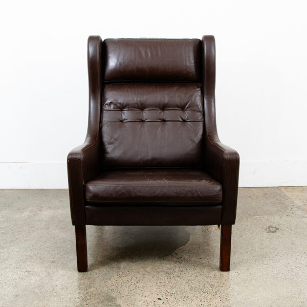 Mid Century Danish Modern Lounge Chair Brown Leather Armchair Denmark High Back Wingback Chocolate - Image 4