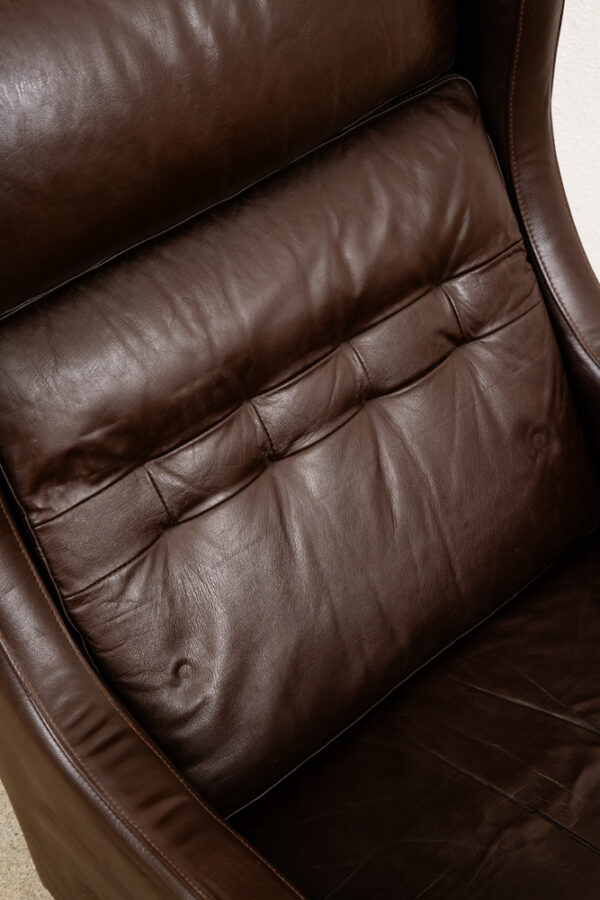 Mid Century Danish Modern Lounge Chair Brown Leather Armchair Denmark High Back Wingback Chocolate - Image 11