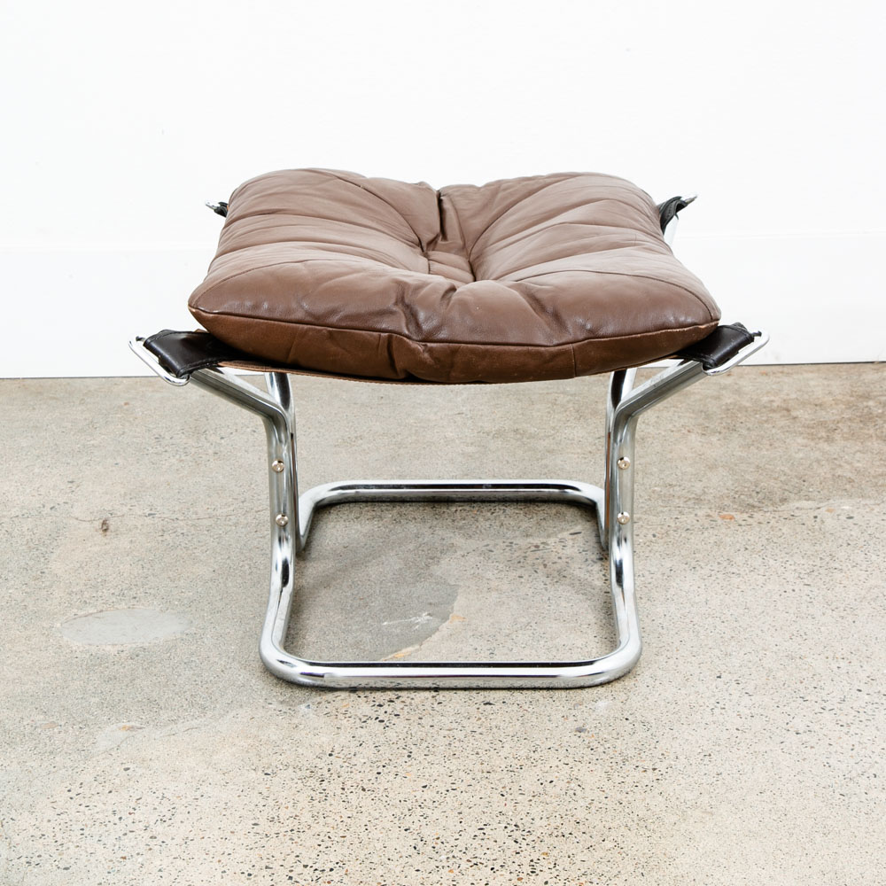 Mid Century Modern Ottoman Foot Stool Brown Leather Relling Rosewood Chrome Mcm - Image 2