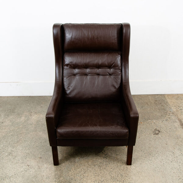 Mid Century Danish Modern Lounge Chair Brown Leather Armchair Denmark High Back Wingback Chocolate - Image 8