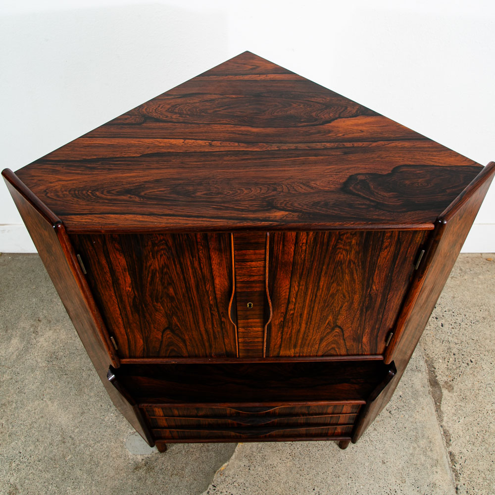 Mid Century Danish Modern Corner Cabinet Rosewood Bar Denmark Drawers Locking VG - Image 5