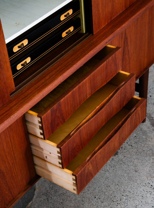 Mid Century Danish Modern Credenza Highboard Teak Sliding Door 3 drawers 2 tier - Image 8