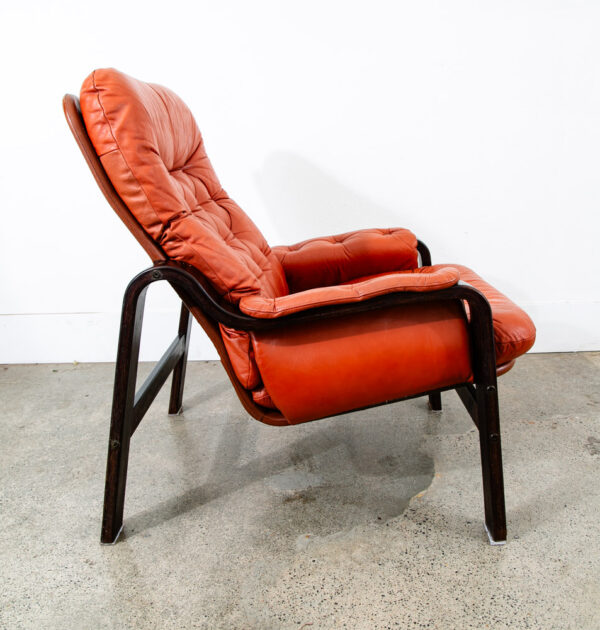 Mid Century Modern Lounge Chairs Leather Orange Cognac Tufted Pair Set Arm Two - Image 6